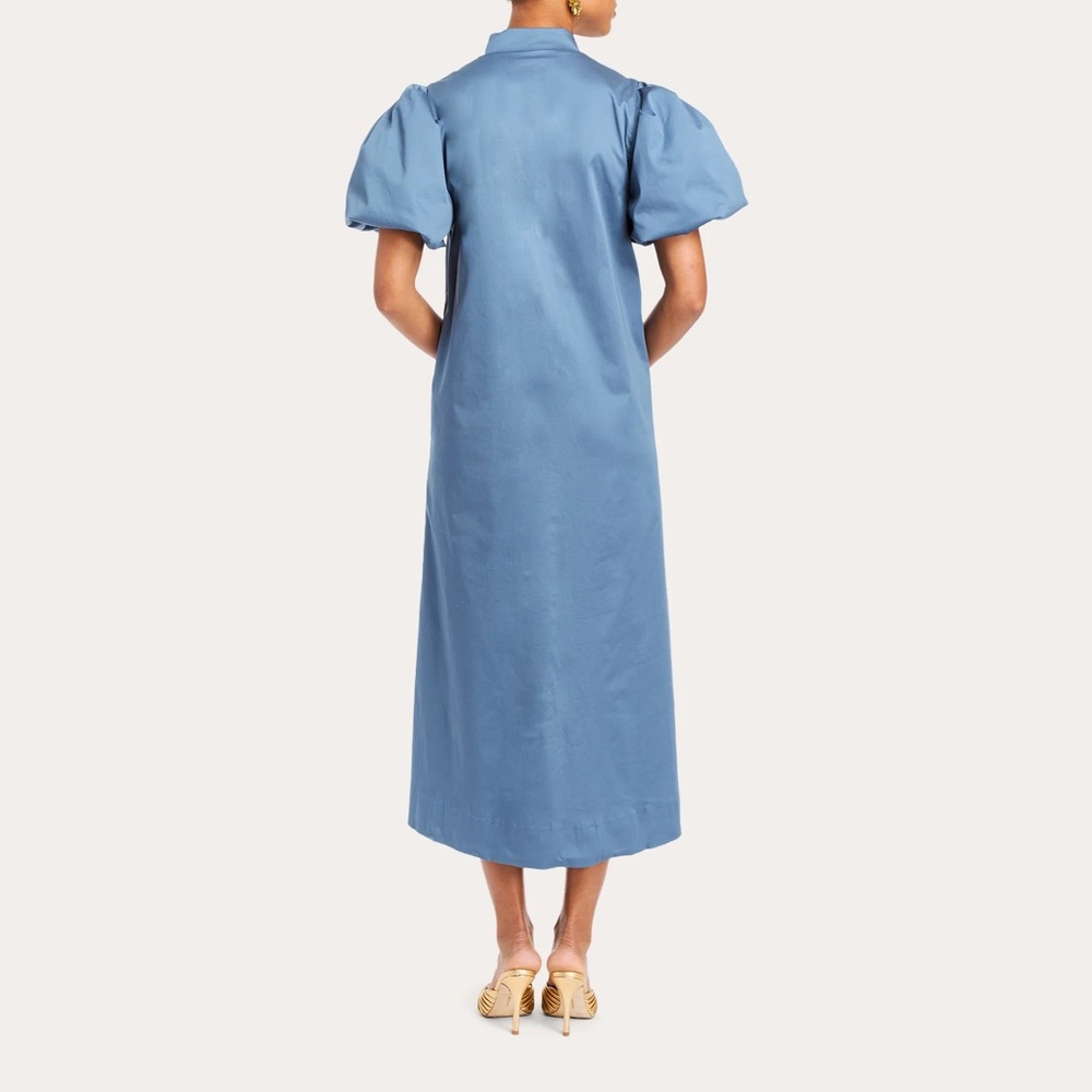 MESTIZA Elliana Gold Palm Embroidered Cotton Poplin Midi Dress in Blue Sz M $475 - Picture 2 of 16